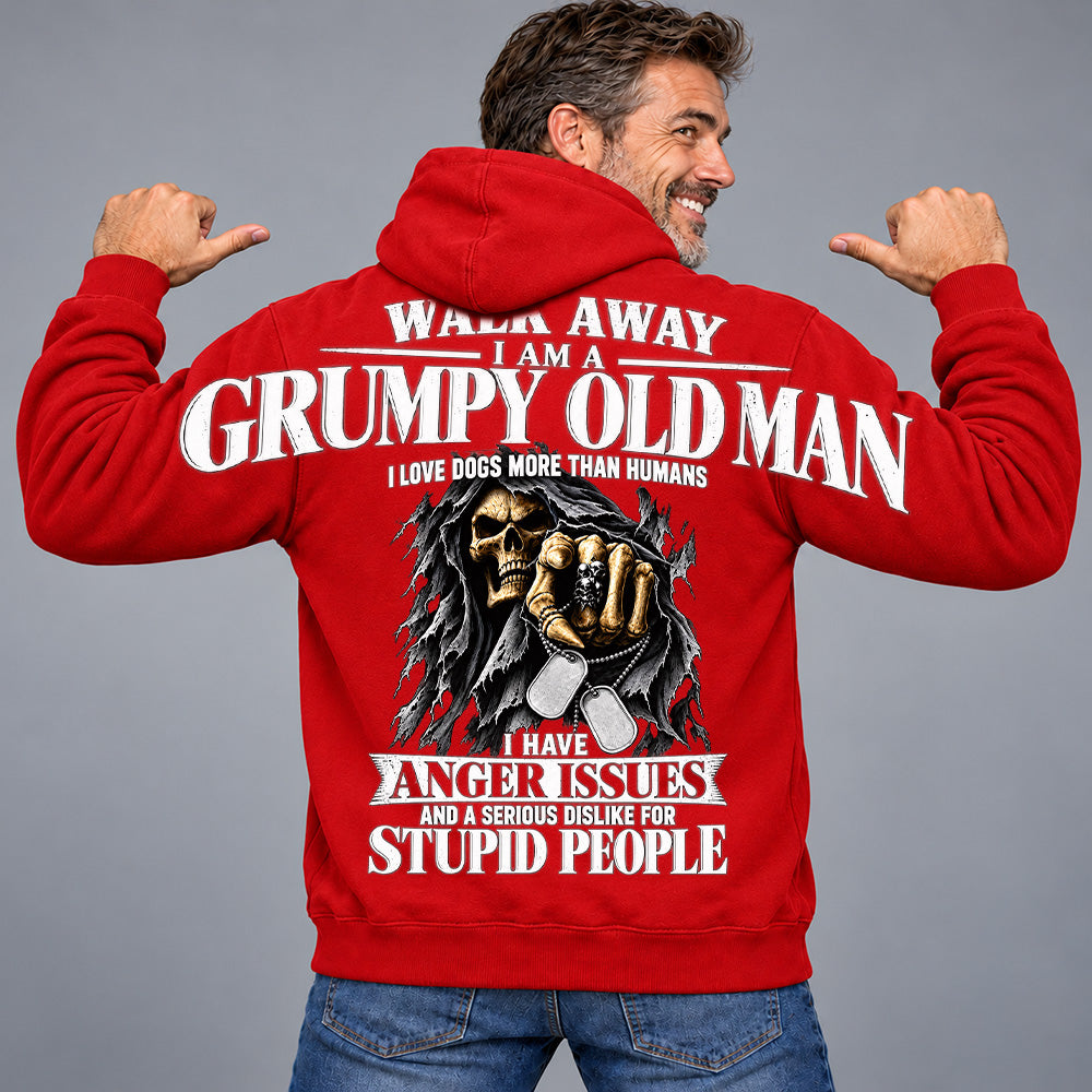 Walk Away I Am A Grumpy Old Man I Love Dogs More Than Humans I Have Anger Issues Skeleton Oversized Shoulder Print Shirts T24