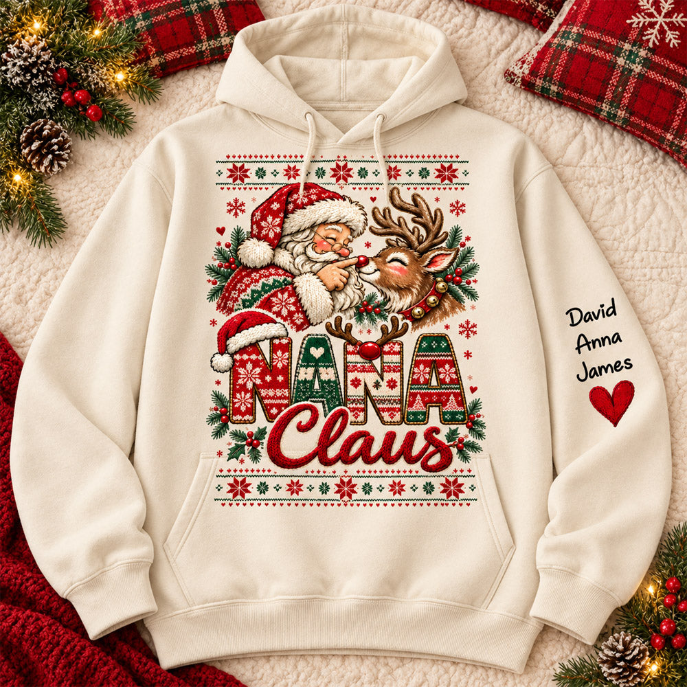 Custom Nana Claus Sweatshirt with Grandkids Names, Personalized Christmas Sweater, Cute Santa and Reindeer Holiday Crewneck C2408 Nh00 KL07