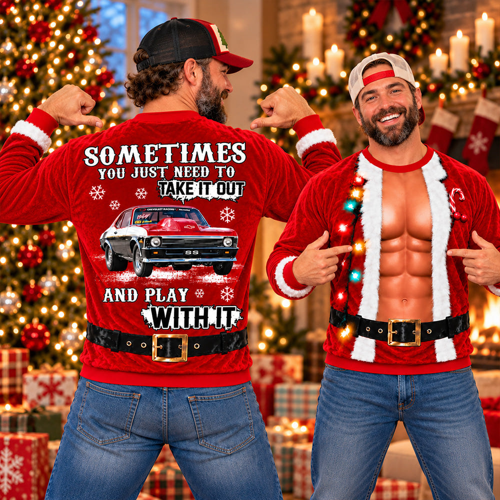 Take It Out & Play - Funny Muscle Santa – Custom Photo Car Christmas Sweatshirt - Gift For Car Lovers A2110 T24