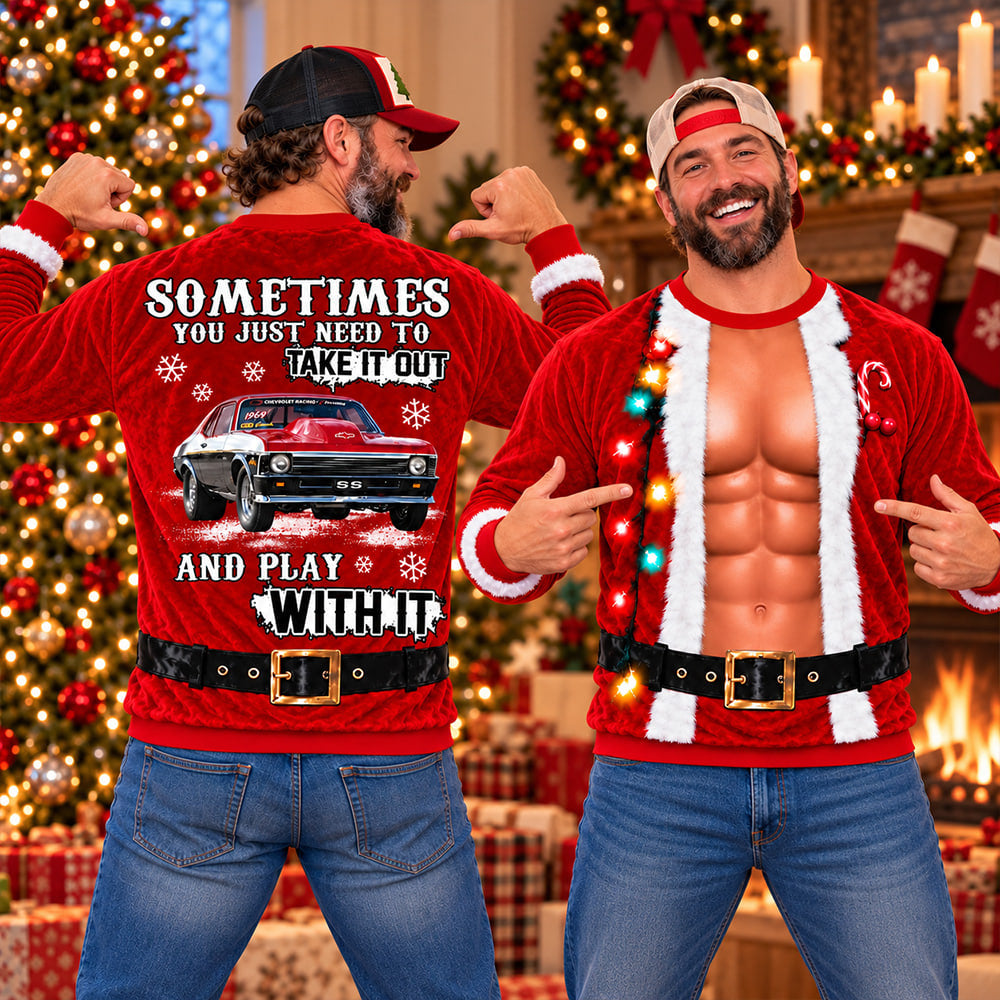 Take It Out & Play - Funny Muscle Santa – Custom Photo Car Christmas Sweatshirt - Gift For Car Lovers A2110 T24