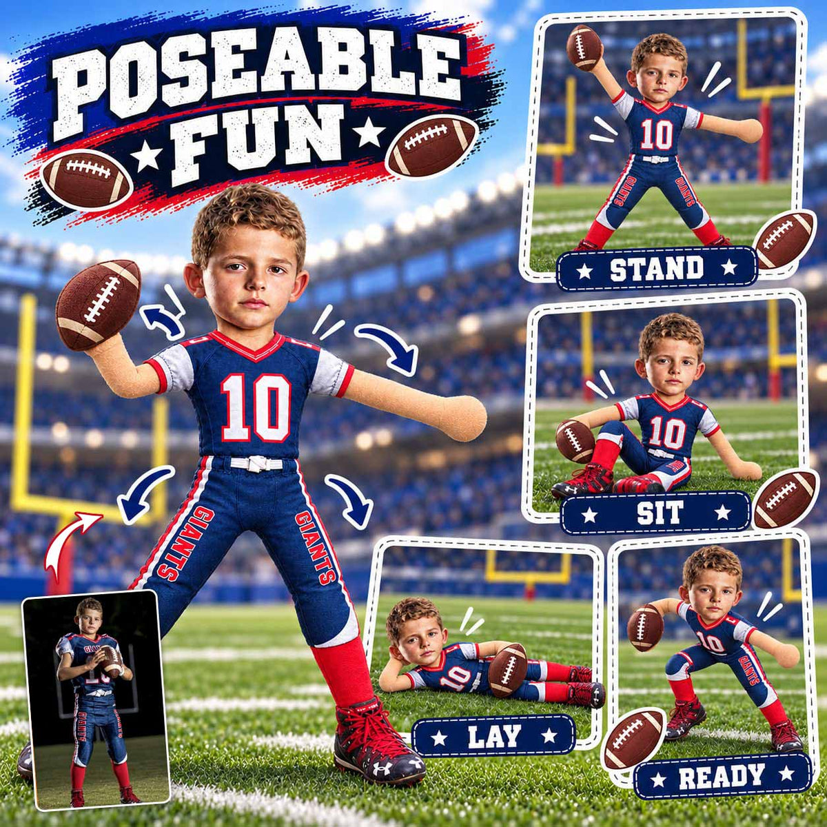 Personalized Football Squishy Toy Poseable Plush Doll, Funny Gift For Sport Lovers NA04 Pt99 NT01