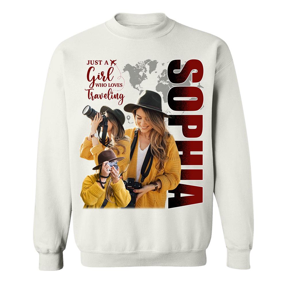 Just A Girl Who Loves Traveling – Custom Photo Vacation T-Shirt for Adventure Lovers Vr2 NA02 Hv01