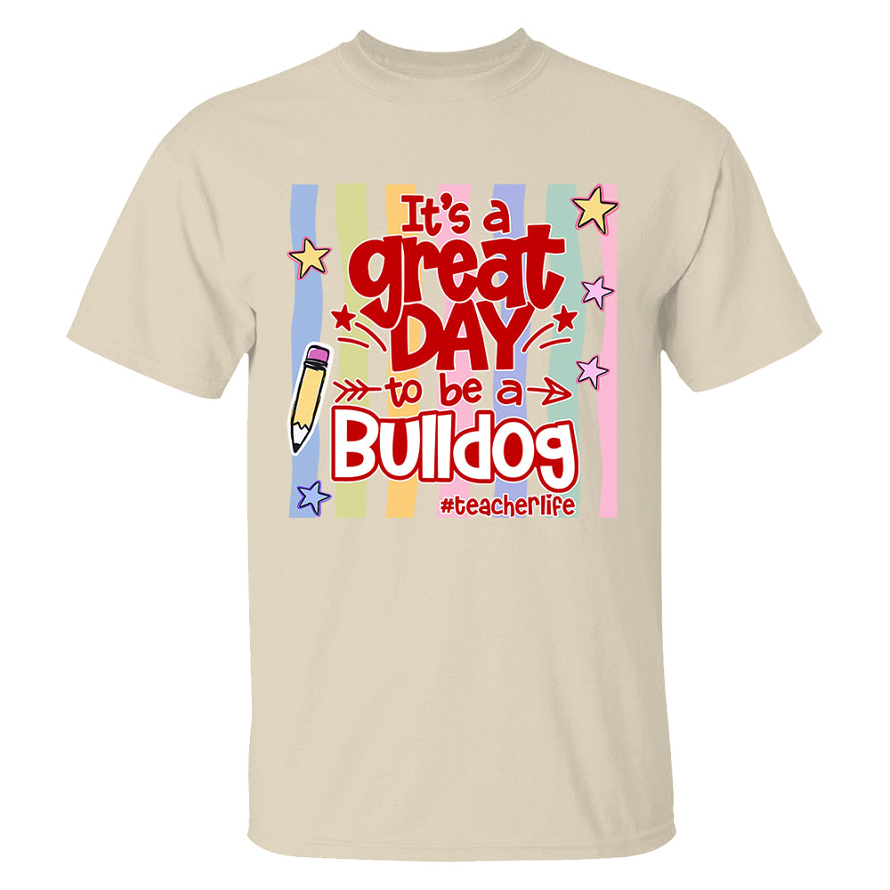 It's A Great Day To Be A Bulldog Personalized School Mascot Retro Stripe Shirt For Teacher T24