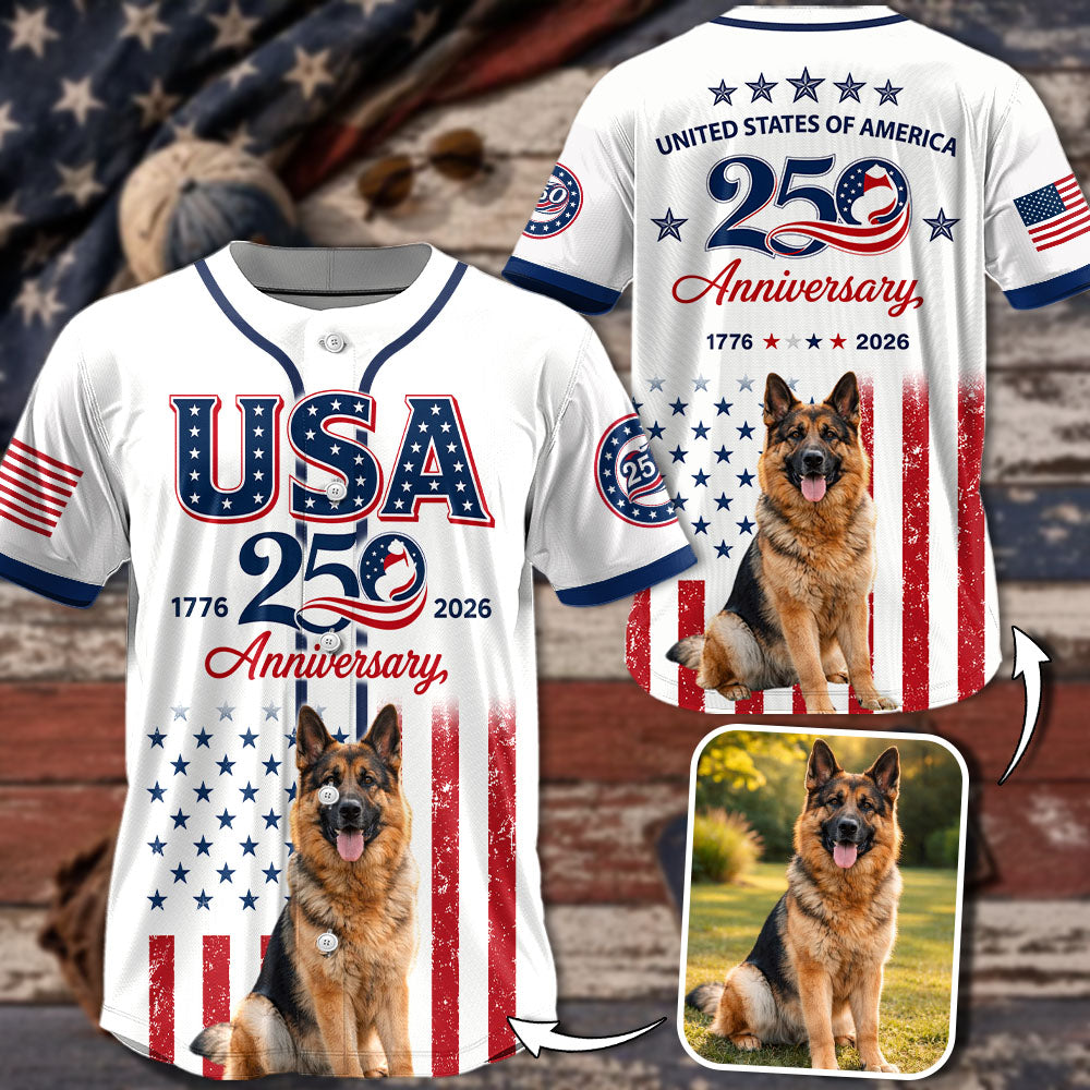 Custom Upload Photo German Shepherd USA 250th Anniversary Baseball Jersey 1776-2026 Patriotic Dog Lovers Shirt Pt99