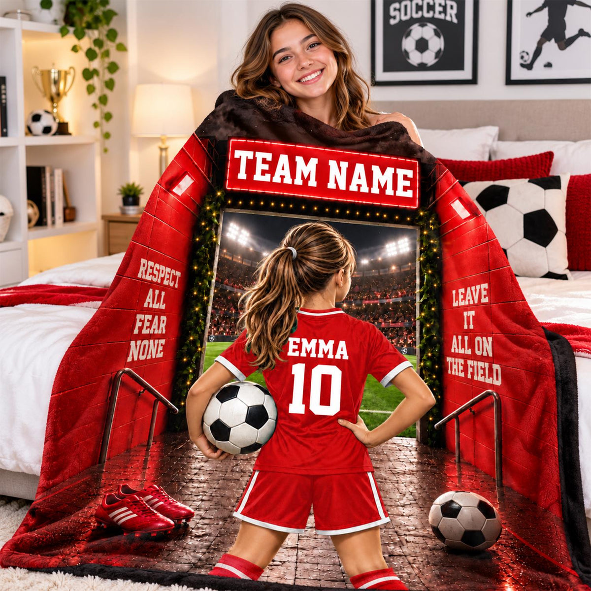 Personalized Soccer Blanket, Custom Soccer Player Blanket with Name & Number, Soccer Mom Gift, Sports Boys & Girl Na02 Hv01
