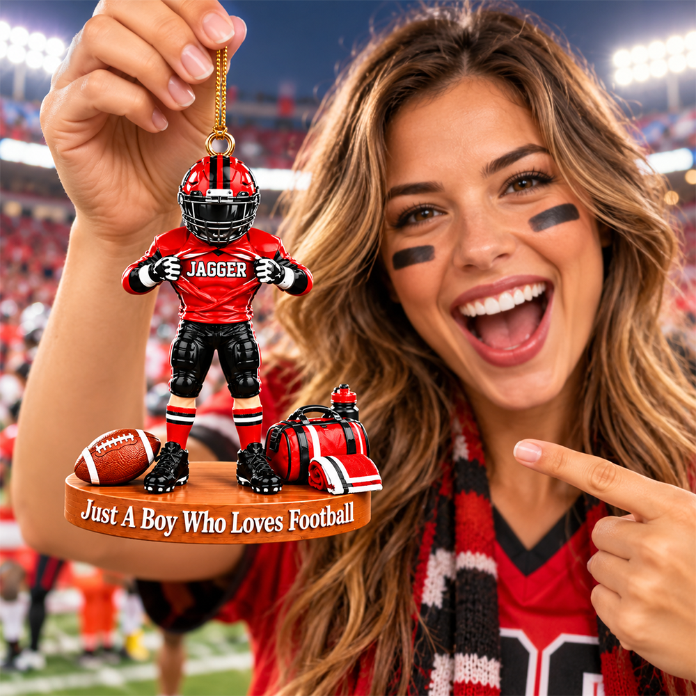 Personalized Football Player Christmas Ornament, Custom Name, Number & Uniform Colors, Just a Boy Who Loves Football Gift New Hv01