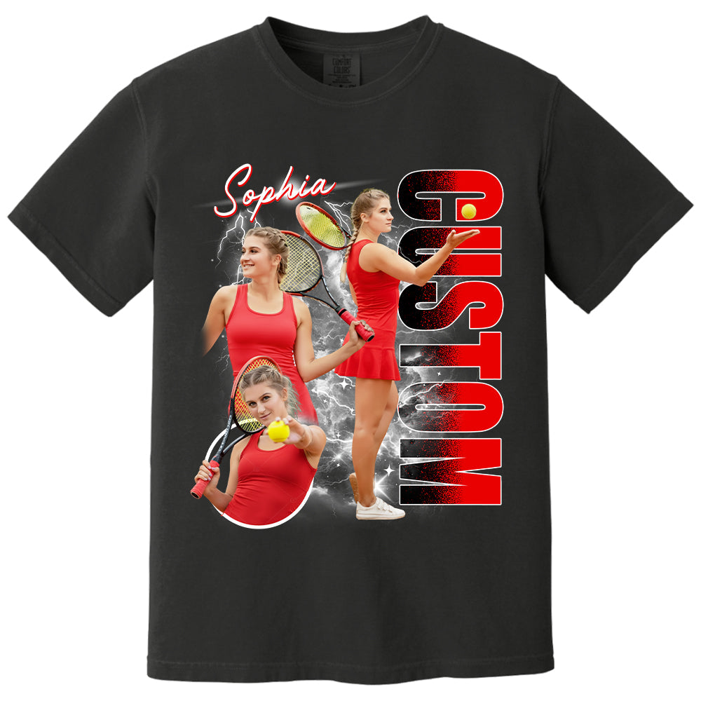 Custom Photo Tennis Player Shirt - Personalized Team Name School Name Bootleg Shirt NA04 T24
