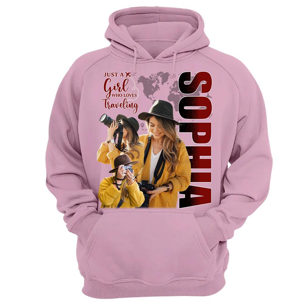Just A Girl Who Loves Traveling – Custom Photo Vacation T-Shirt for Adventure Lovers Vr2 NA02 Hv01