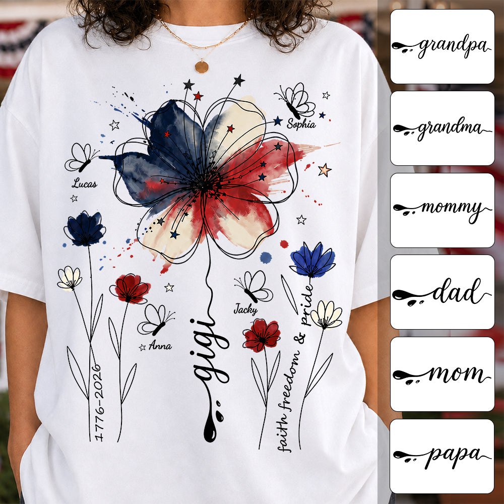 Personalized Grandma Shirt USA 250th Anniversary, Boho Floral Patriotic Tee, Custom Names Gift For Grandma Mom T1807 TH23
