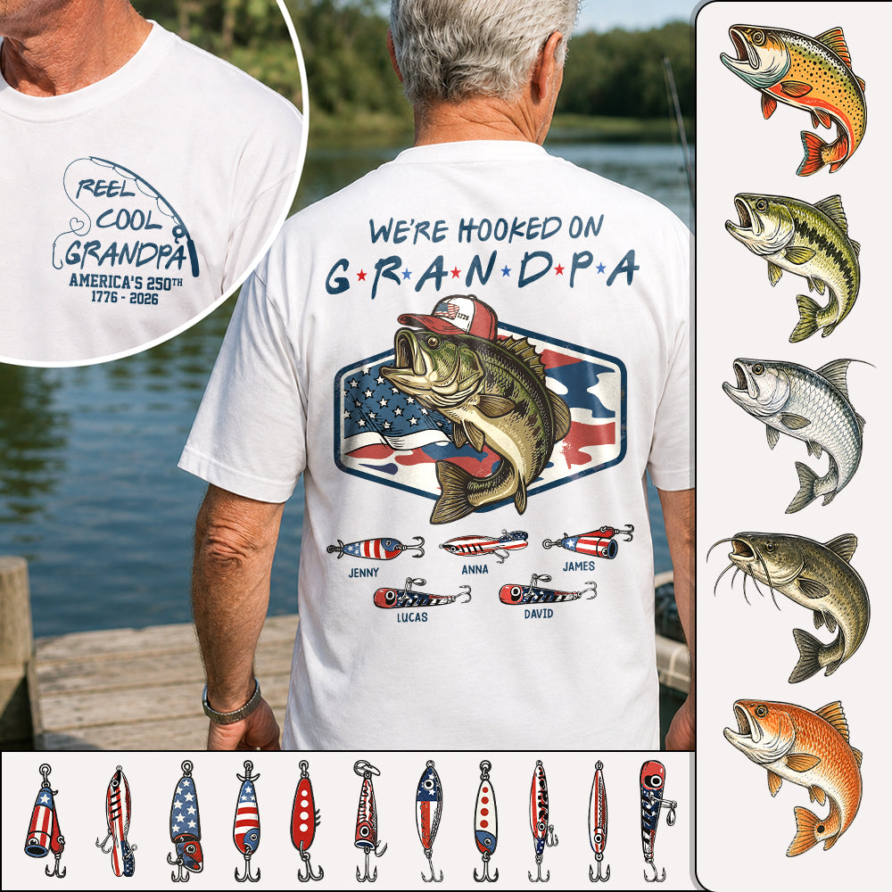 Reel Cool Grandpa T-Shirt – Personalized Fishing Grandpa Shirt, USA 250th Anniversary 1776-2026 Na02 Hv01