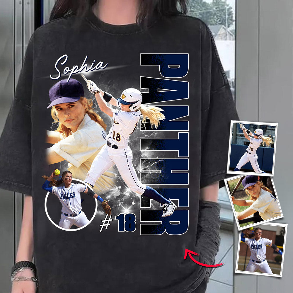 Custom Photo Softball Player Shirt - Personalized Team Name School Name Bootleg Shirt T1807