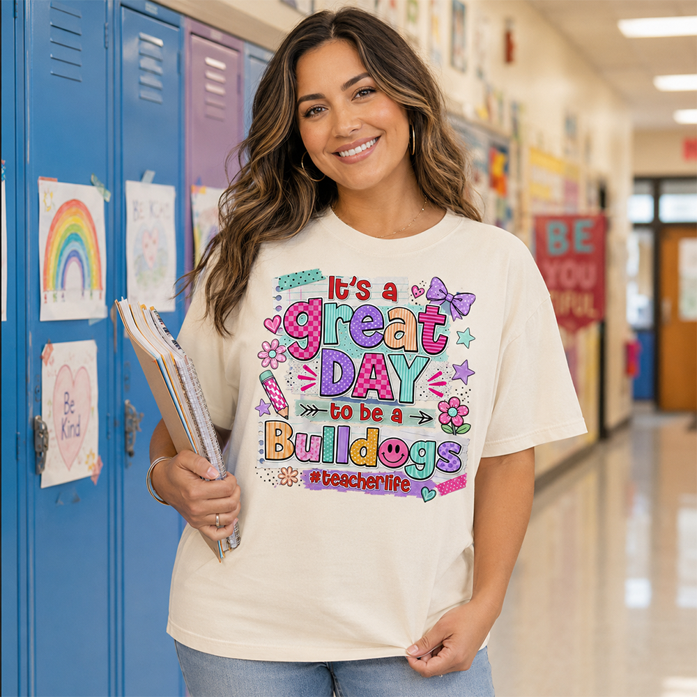 Striped Neon It's A Great Day To Be A Bulldog Personalized School Mascot Retro Stripe Shirt For Teacher Hv01