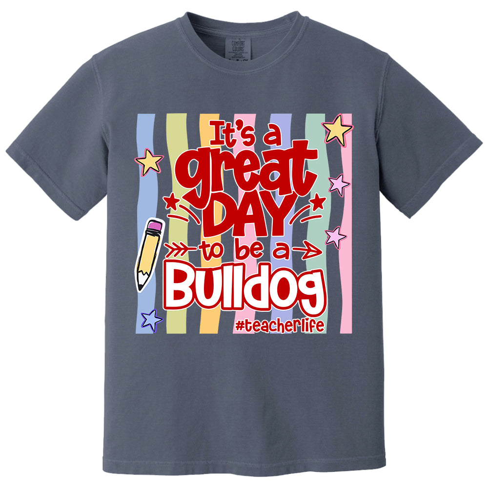 It's A Great Day To Be A Bulldog Personalized School Mascot Retro Stripe Shirt For Teacher T24