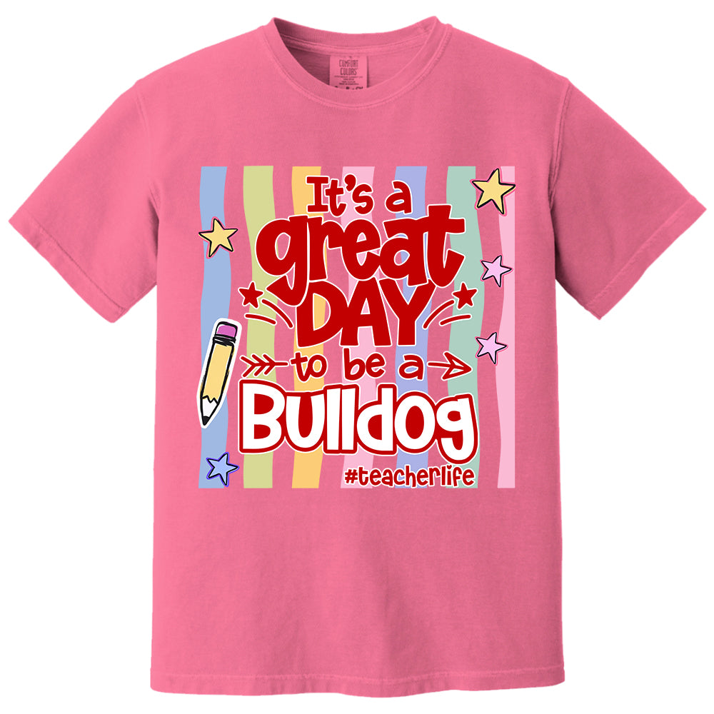 It's A Great Day To Be A Bulldog Personalized School Mascot Retro Stripe Shirt For Teacher T24