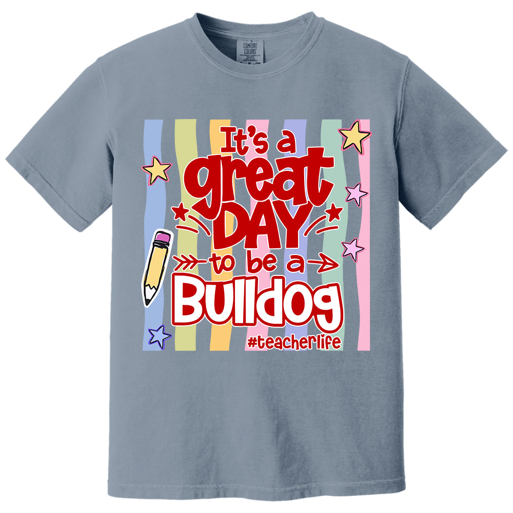 It's A Great Day To Be A Bulldog Personalized School Mascot Retro Stripe Shirt For Teacher T24