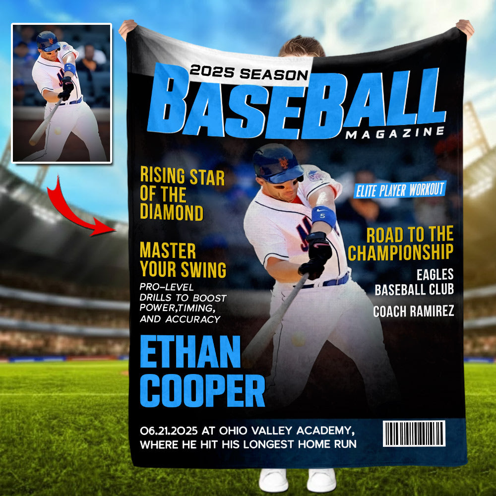 Personalized Baseball Magazine Cover Blanket, Baseball Player Gift