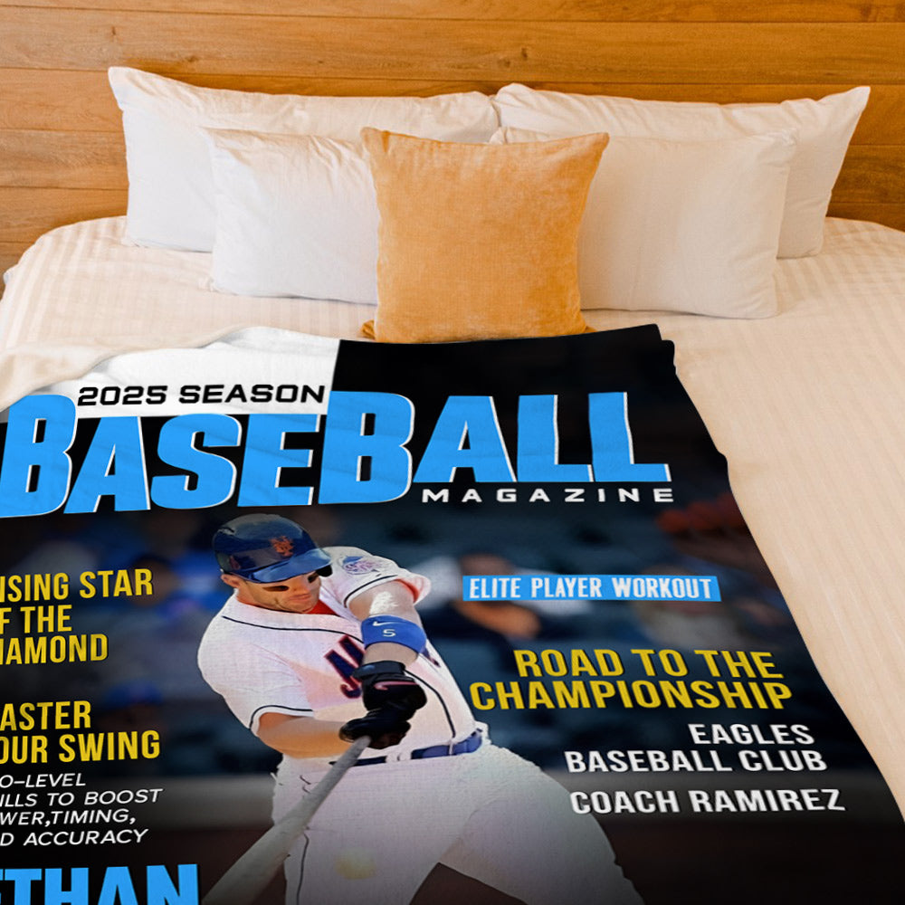Personalized Baseball Magazine Cover Blanket, Baseball Player Gift