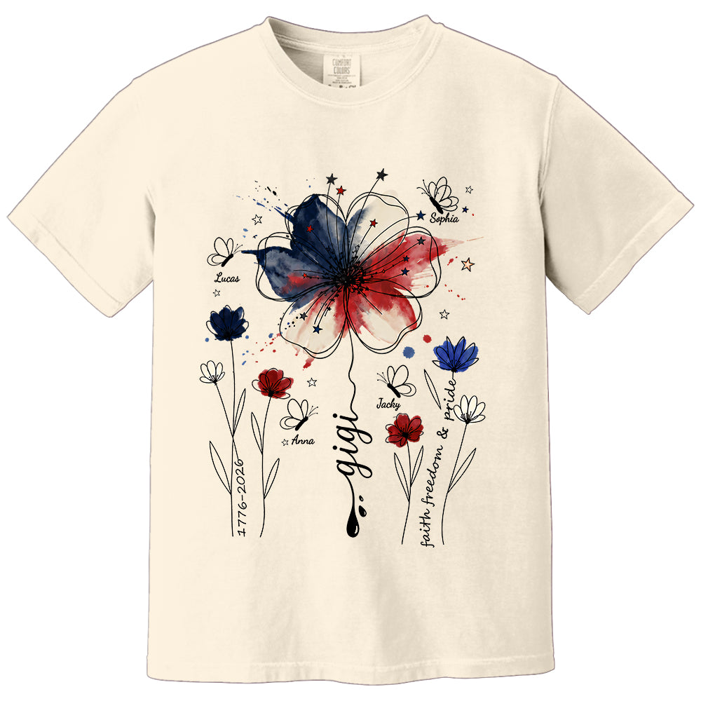 Personalized Grandma Shirt USA 250th Anniversary, Boho Floral Patriotic Tee, Custom Names Gift For Grandma Mom T1807 TH23
