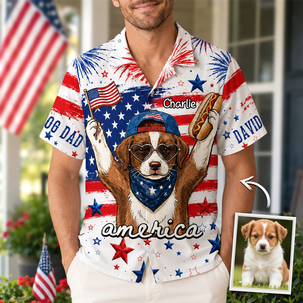 Funny Dog Hot Dog American Flag - Personalized Hawaiian Shirt - Custom Dog Cat Photo Shirt - Gift for Patriots Pet Lover T1807 Hv01