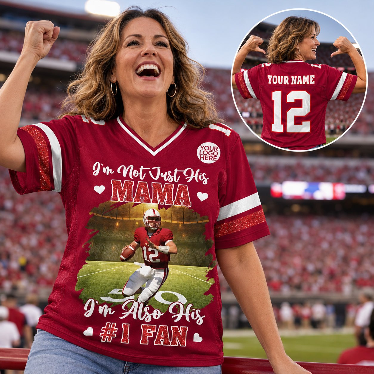 I’m Not Just His Mom I’m Also His #1 Fan, Personalized Football Mom Jersey, Custom Player Photo & Number, Gift for Football Mom Na02