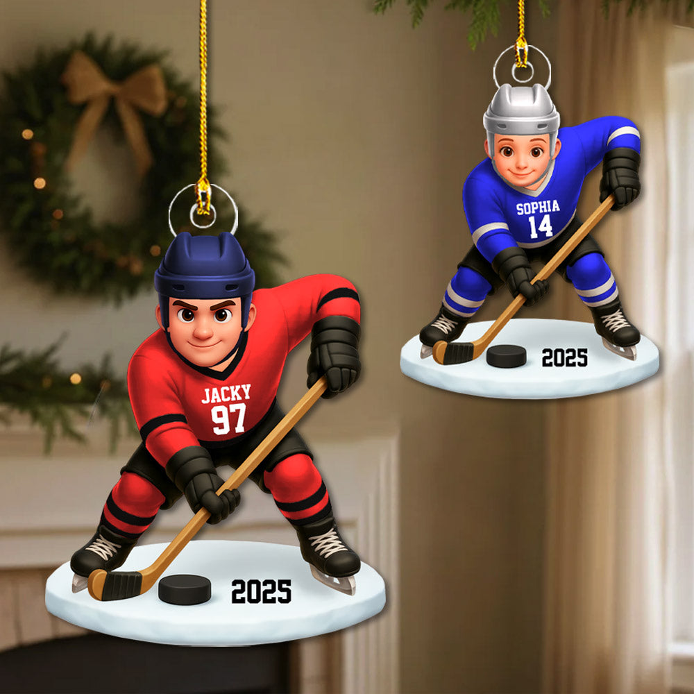 3D Effect Hockey Players Personalized Acrylic Ornament Christmas Gift for Daughter Son Tu24 Pt99