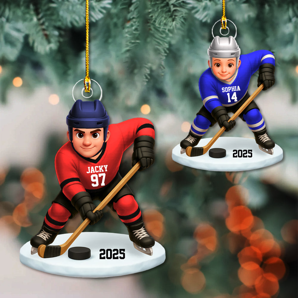 3D Effect Hockey Players Personalized Acrylic Ornament Christmas Gift for Daughter Son Tu24 Pt99