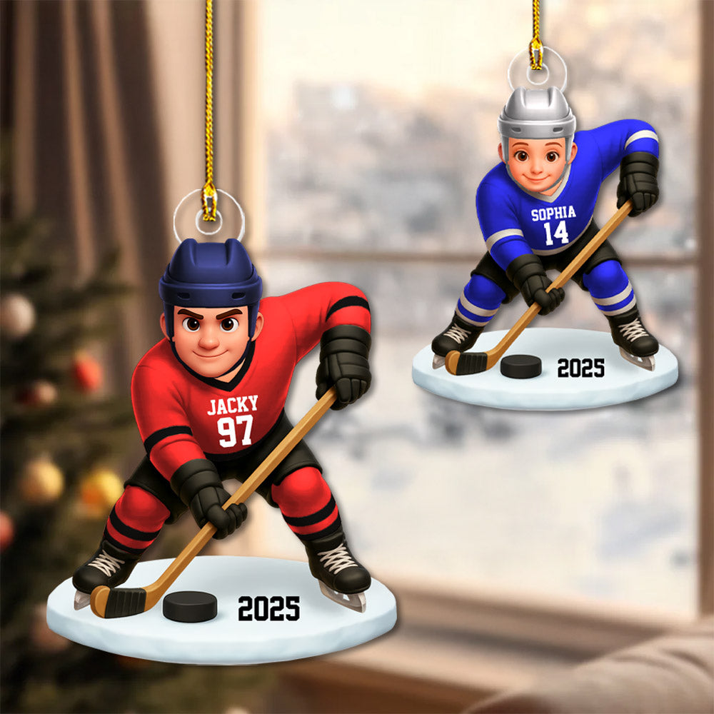 3D Effect Hockey Players Personalized Acrylic Ornament Christmas Gift for Daughter Son Tu24 Pt99