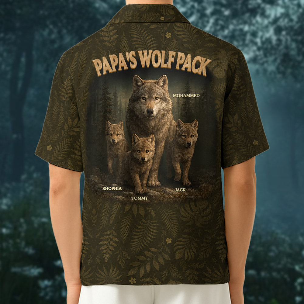Custom Papa Wolf Pack Hawaiian Shirt, Custom Grandpa With Kids Names Short Sleeve Silk Shirt Pt99