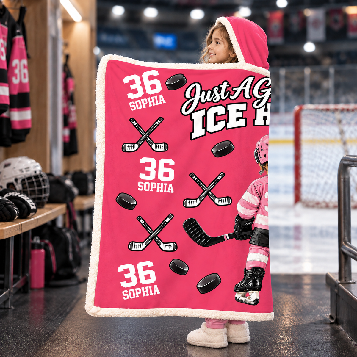 Custom Just A Girl Who Loves Ice Hockey Blanket Hoodie, Christmas Hockey Gift L0411 VH01 DN10