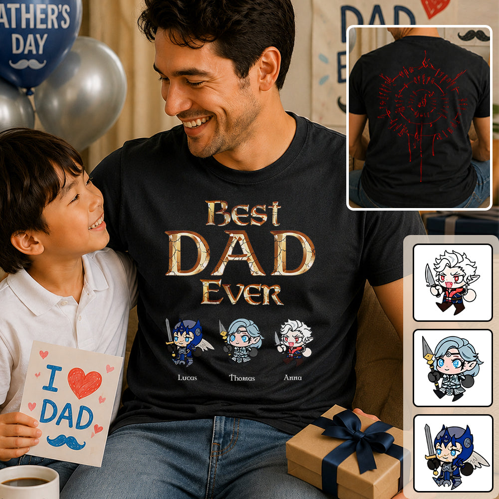 Personalized Best Dad Ever Gamer Shirt, Custom Kids Names RPG Fantasy Tee, Fathers Day Gift For Dad, Two Sided Magic Rune Papa Gift TH23