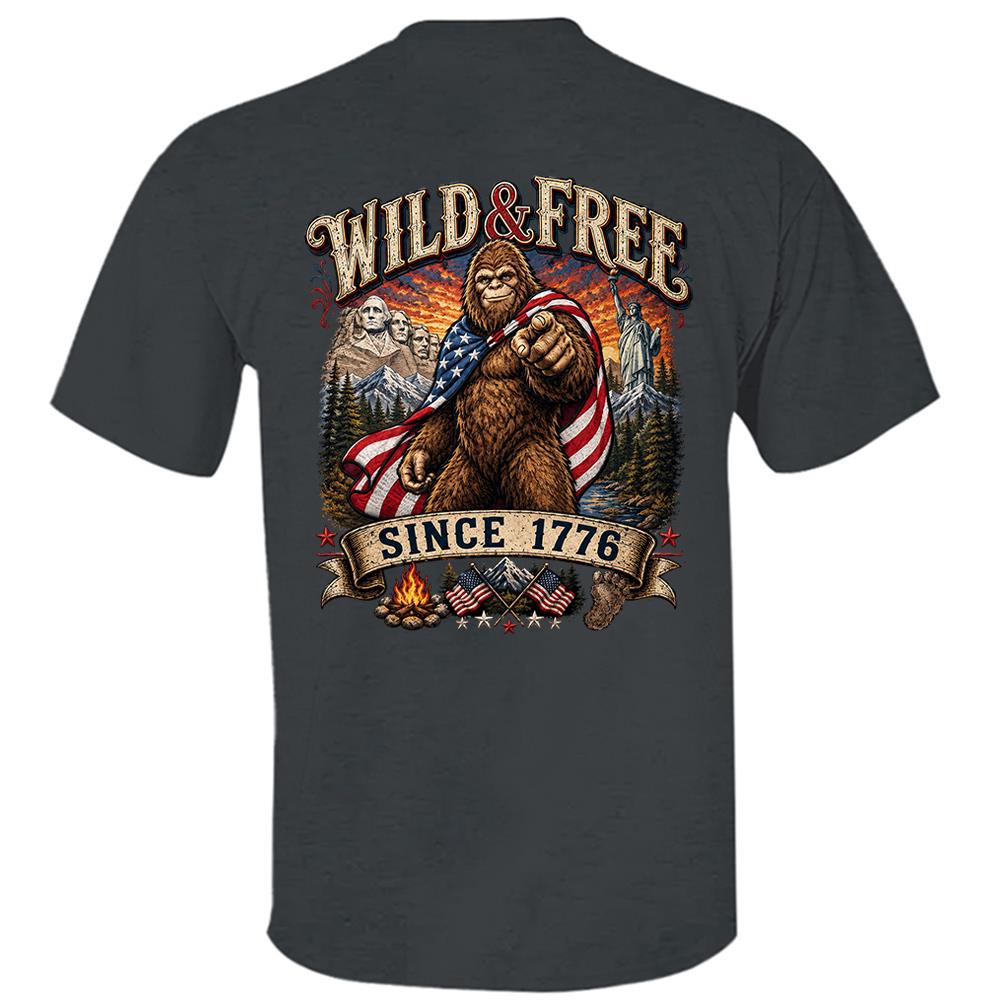 Custom Wild & Free Since 1776 Bigfoot Patriotic T-Shirt