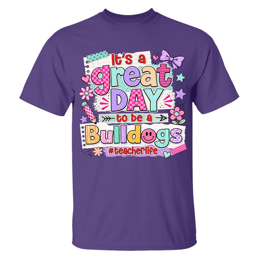 Striped Neon It's A Great Day To Be A Bulldog Personalized School Mascot Retro Stripe Shirt For Teacher Hv01