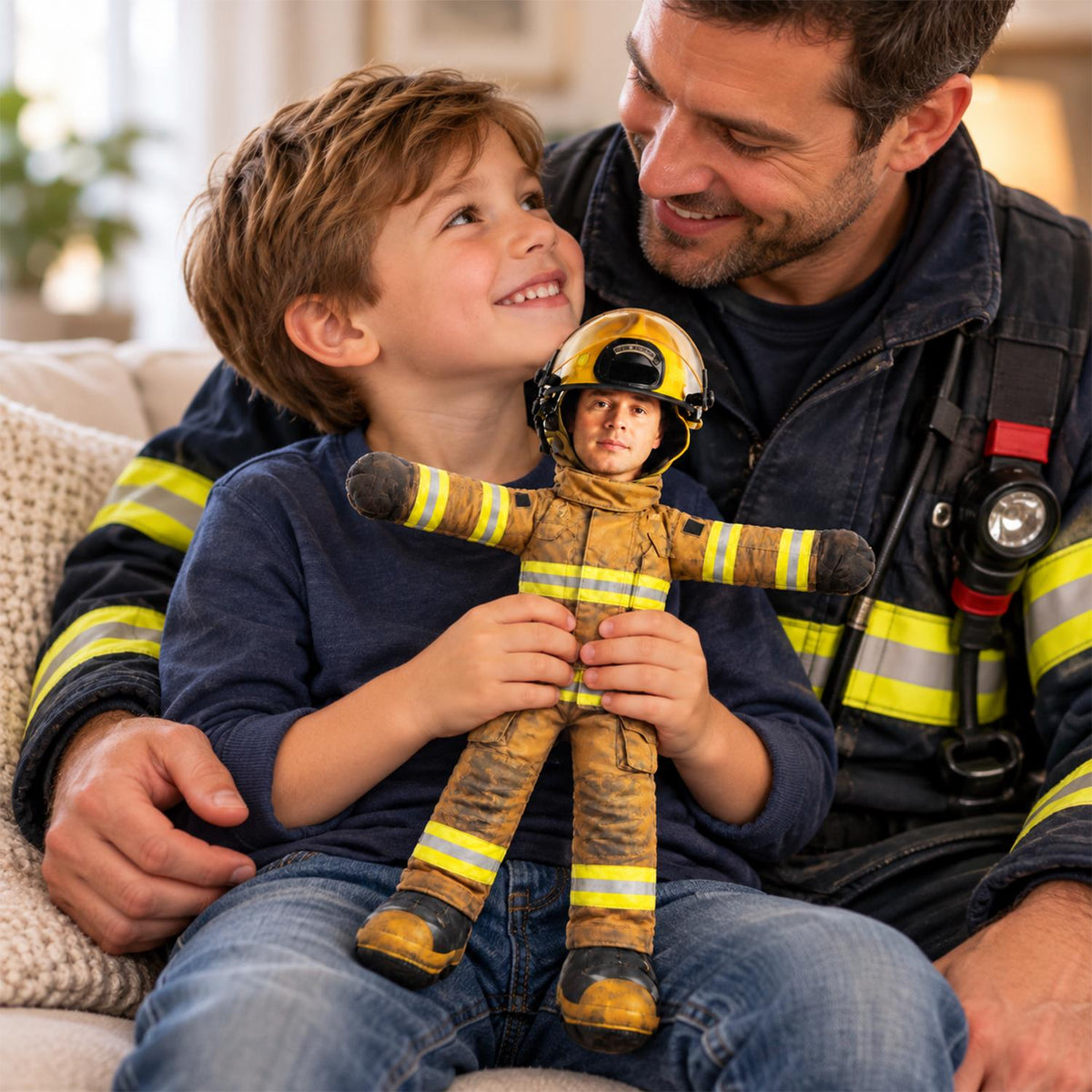 Personalized Firefighter Dad Photo Squishy Toy Poseable Plush Doll, Christmas Gift for Kids and Firefighter Family T1807 Hv01 NT01