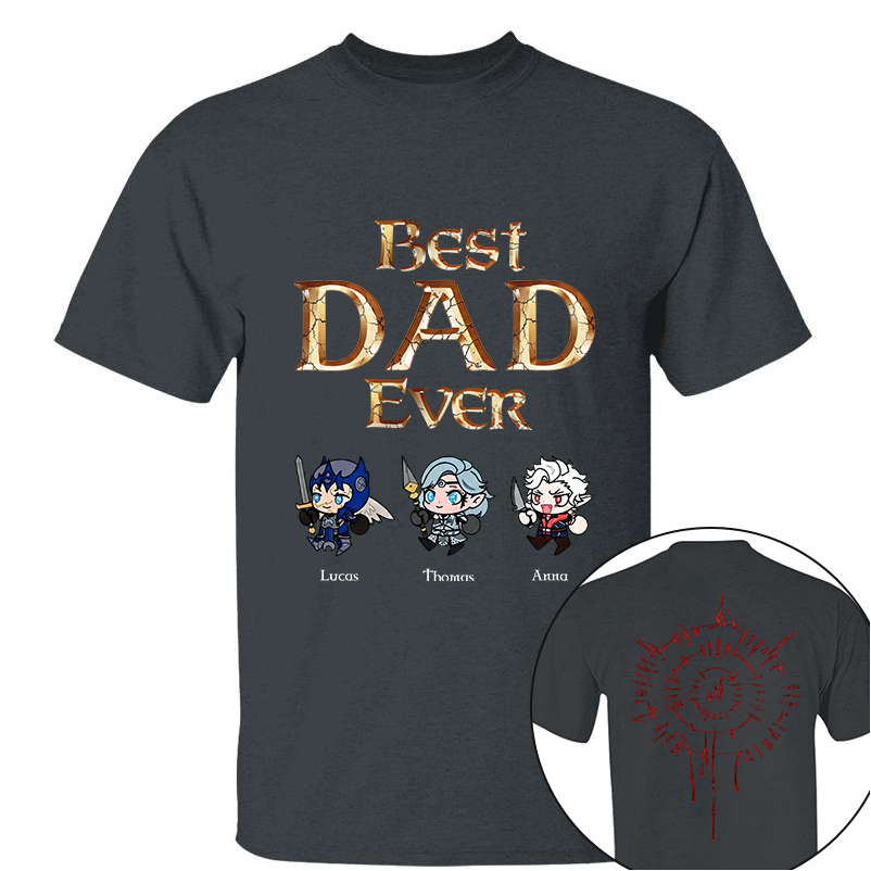 Personalized Best Dad Ever Gamer Shirt, Custom Kids Names RPG Fantasy Tee, Fathers Day Gift For Dad, Two Sided Magic Rune Papa Gift TH23
