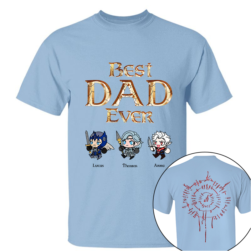 Personalized Best Dad Ever Gamer Shirt, Custom Kids Names RPG Fantasy Tee, Fathers Day Gift For Dad, Two Sided Magic Rune Papa Gift TH23
