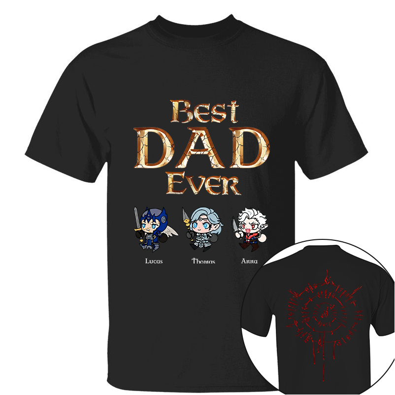 Personalized Best Dad Ever Gamer Shirt, Custom Kids Names RPG Fantasy Tee, Fathers Day Gift For Dad, Two Sided Magic Rune Papa Gift TH23