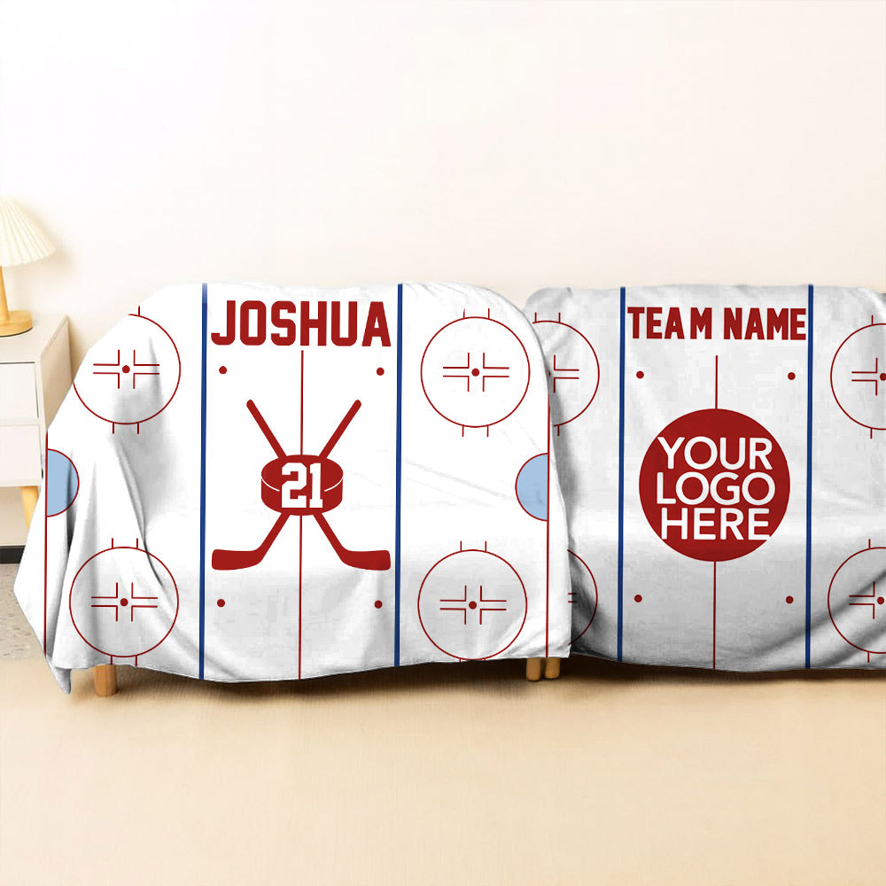 Personalized Ice Hockey Rink Design Hooded Blanket with Name and Number - Birthday/Christmas Gift for Sports Lovers/Teammates A2110 Li29