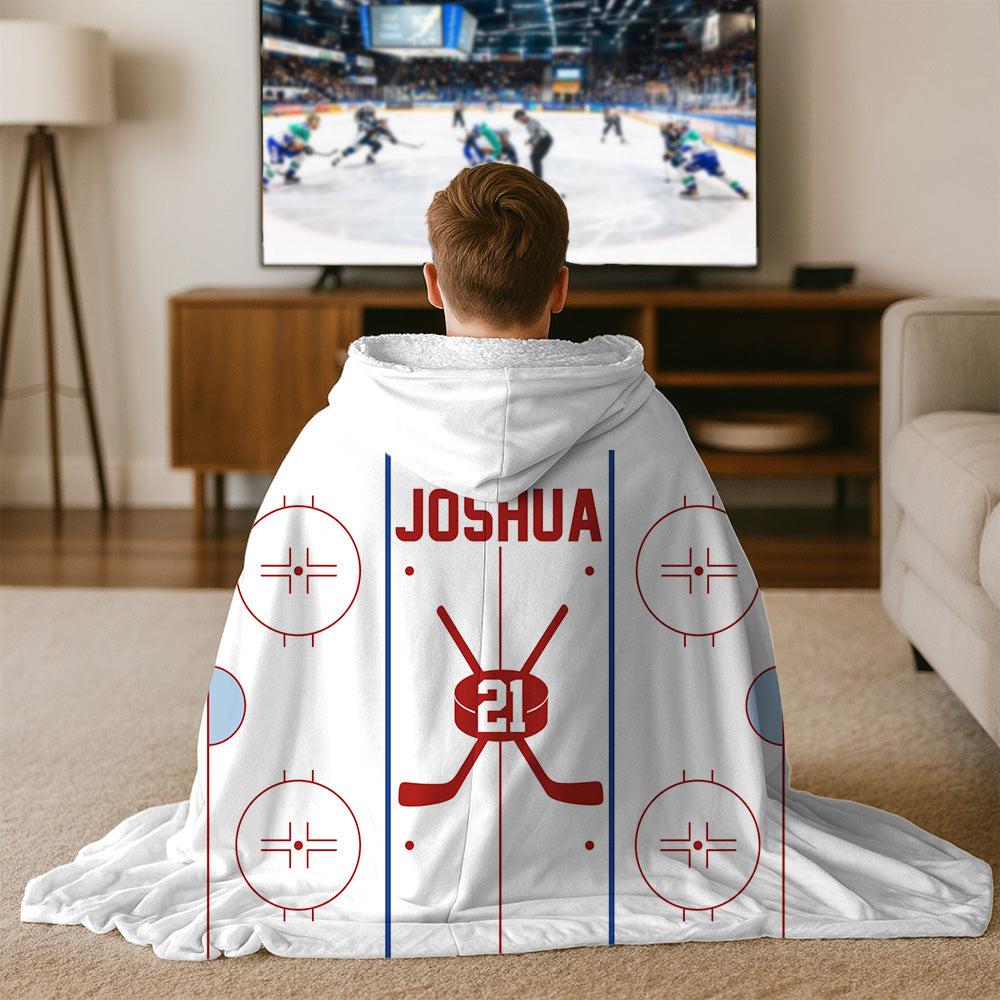 Personalized Ice Hockey Rink Design Hooded Blanket with Name and Number - Birthday/Christmas Gift for Sports Lovers/Teammates A2110 Li29