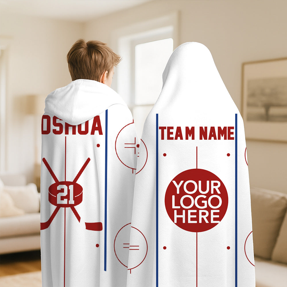 Personalized Ice Hockey Rink Design Hooded Blanket with Name and Number - Birthday/Christmas Gift for Sports Lovers/Teammates A2110 Li29