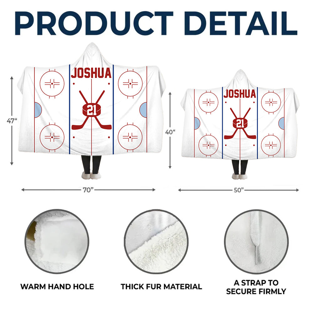 Personalized Ice Hockey Rink Design Hooded Blanket with Name and Number - Birthday/Christmas Gift for Sports Lovers/Teammates A2110 Li29