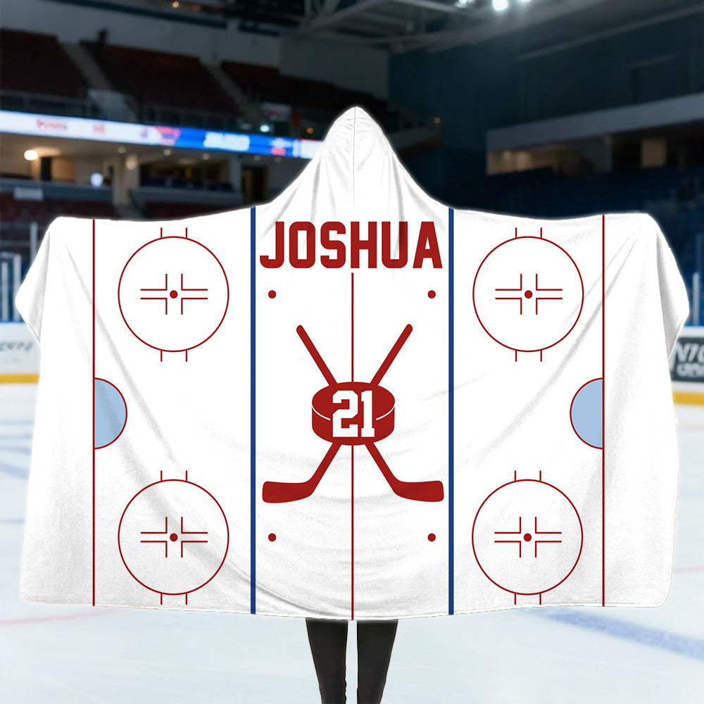 Personalized Ice Hockey Rink Design Hooded Blanket with Name and Number - Birthday/Christmas Gift for Sports Lovers/Teammates A2110 Li29