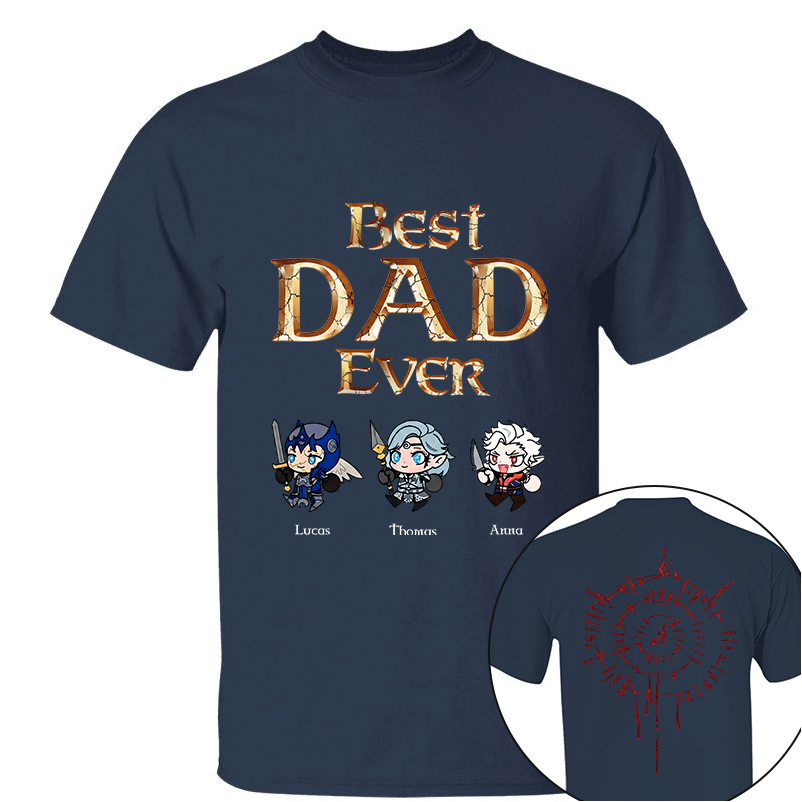 Personalized Best Dad Ever Gamer Shirt, Custom Kids Names RPG Fantasy Tee, Fathers Day Gift For Dad, Two Sided Magic Rune Papa Gift TH23