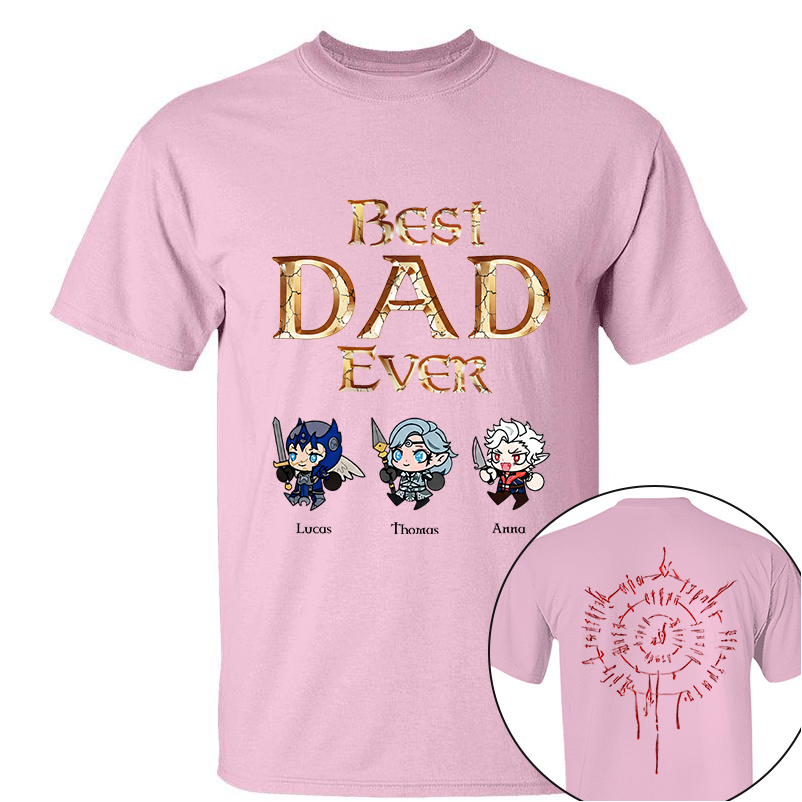 Personalized Best Dad Ever Gamer Shirt, Custom Kids Names RPG Fantasy Tee, Fathers Day Gift For Dad, Two Sided Magic Rune Papa Gift TH23