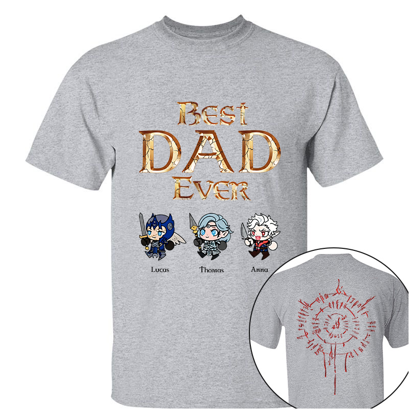 Personalized Best Dad Ever Gamer Shirt, Custom Kids Names RPG Fantasy Tee, Fathers Day Gift For Dad, Two Sided Magic Rune Papa Gift TH23