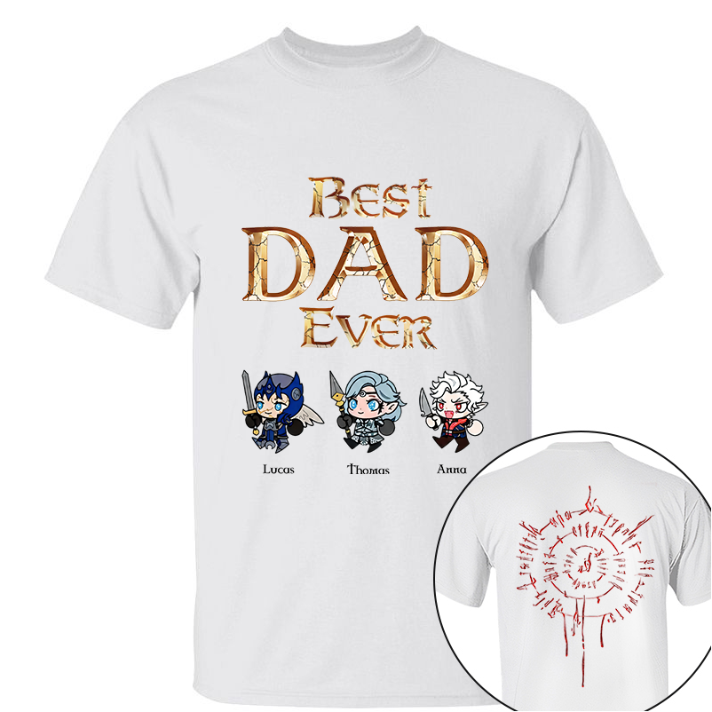 Personalized Best Dad Ever Gamer Shirt, Custom Kids Names RPG Fantasy Tee, Fathers Day Gift For Dad, Two Sided Magic Rune Papa Gift TH23