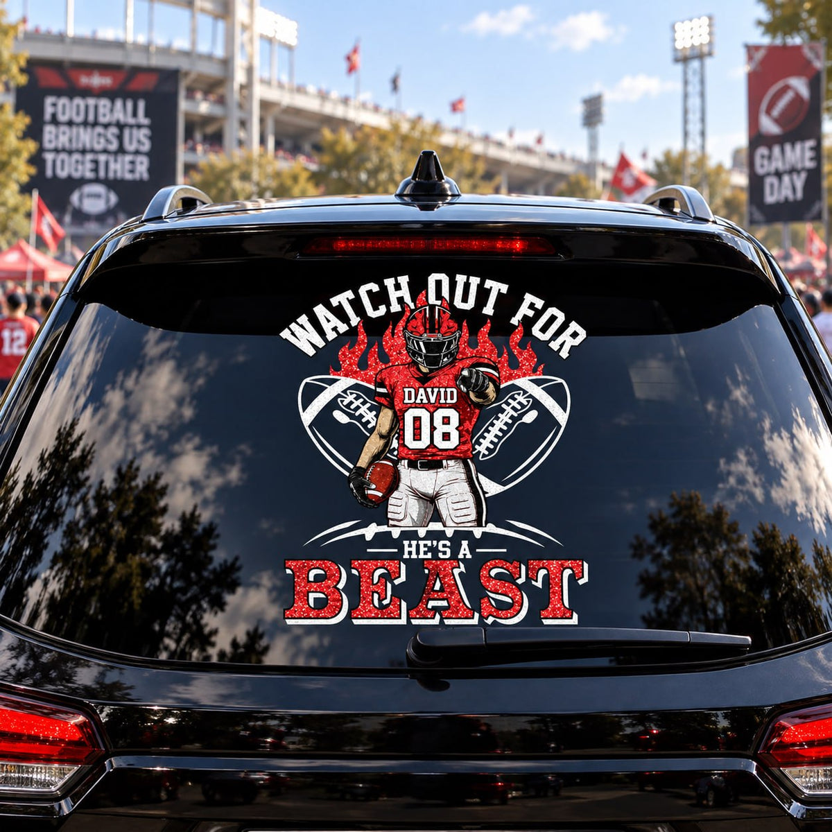 Personalized Watch Out For He's A Beast Car Decal, Custom Football Player Sticker, Gift for Sports Moms and Dads T1807 VH01	