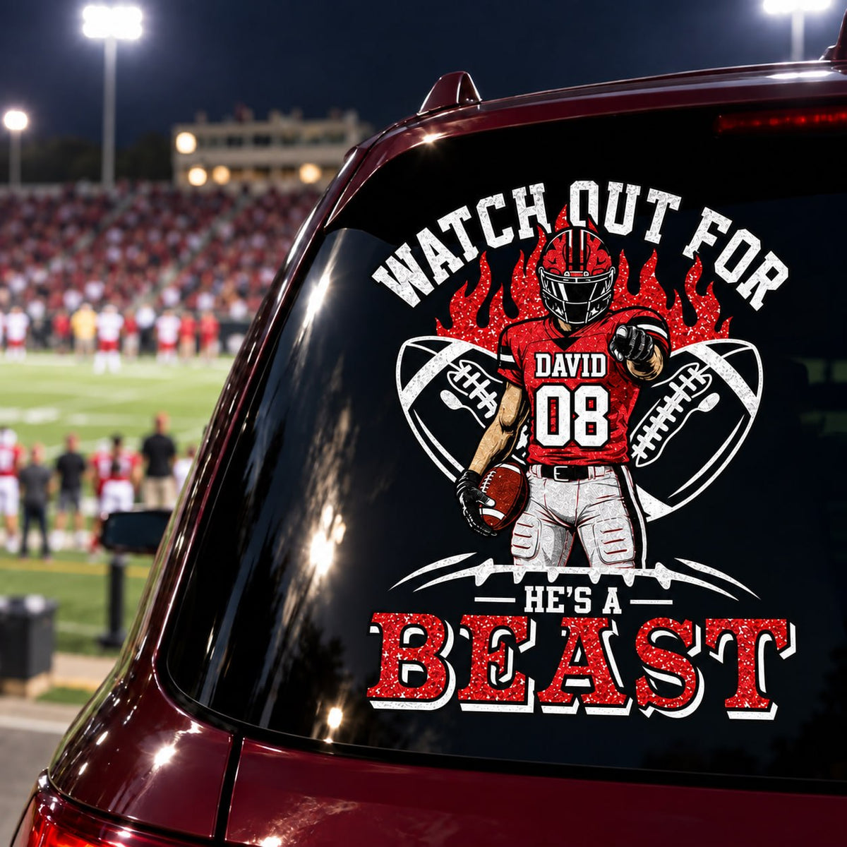 Personalized Watch Out For He's A Beast Car Decal, Custom Football Player Sticker, Gift for Sports Moms and Dads T1807 VH01	