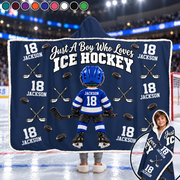 Custom Just A Boy Who Loves Ice Hockey Blanket Hoodie, Christmas Hockey Gift L0411 VH01 DN10