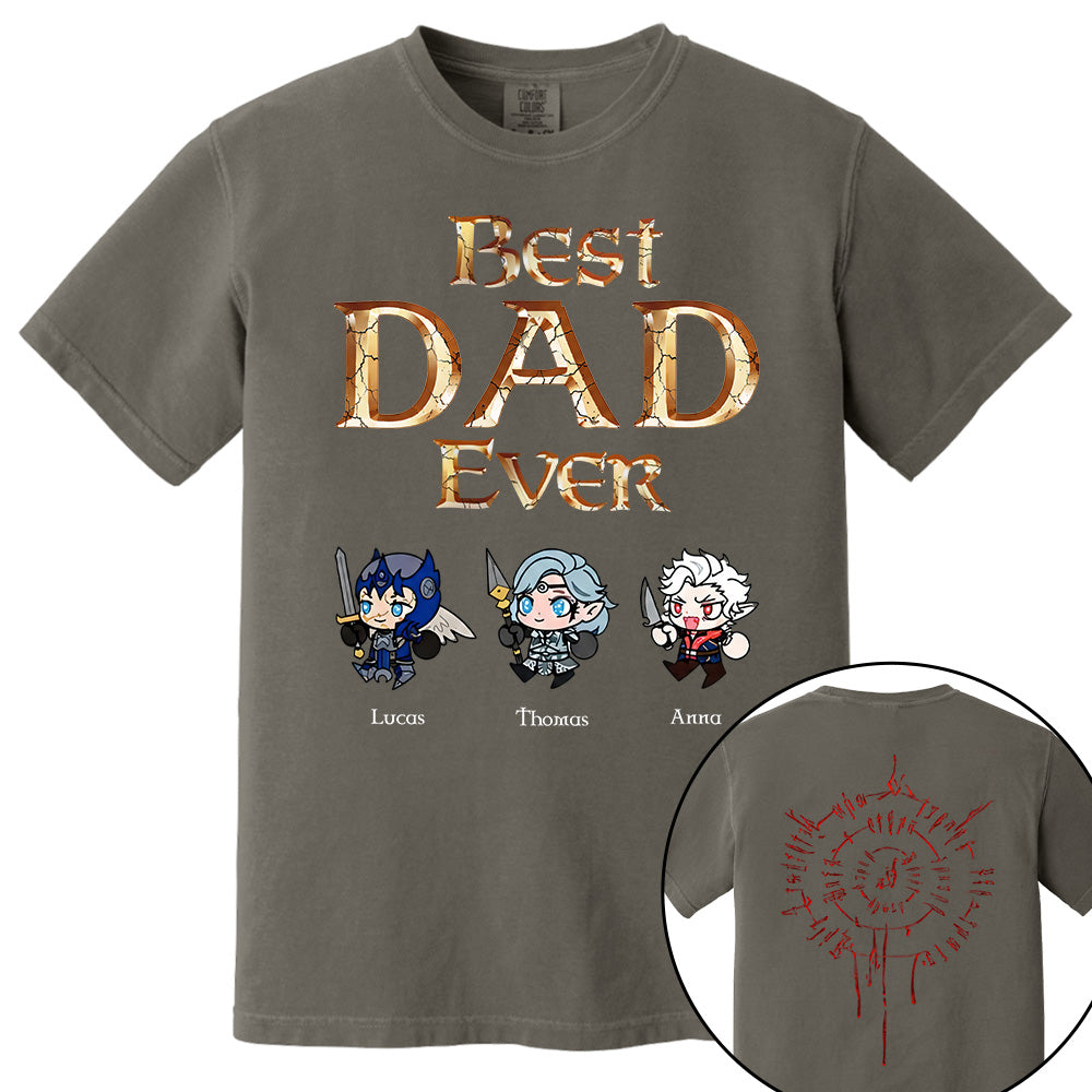 Personalized Best Dad Ever Gamer Shirt, Custom Kids Names RPG Fantasy Tee, Fathers Day Gift For Dad, Two Sided Magic Rune Papa Gift TH23