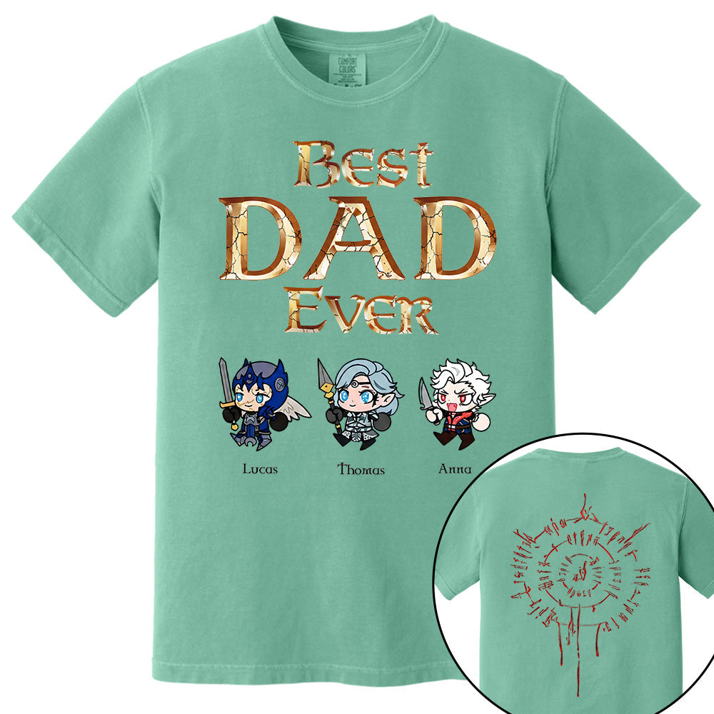 Personalized Best Dad Ever Gamer Shirt, Custom Kids Names RPG Fantasy Tee, Fathers Day Gift For Dad, Two Sided Magic Rune Papa Gift TH23